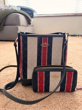 Coach Stripe Crossbody Bag & Zip Wallet - Navy/Red/Cream